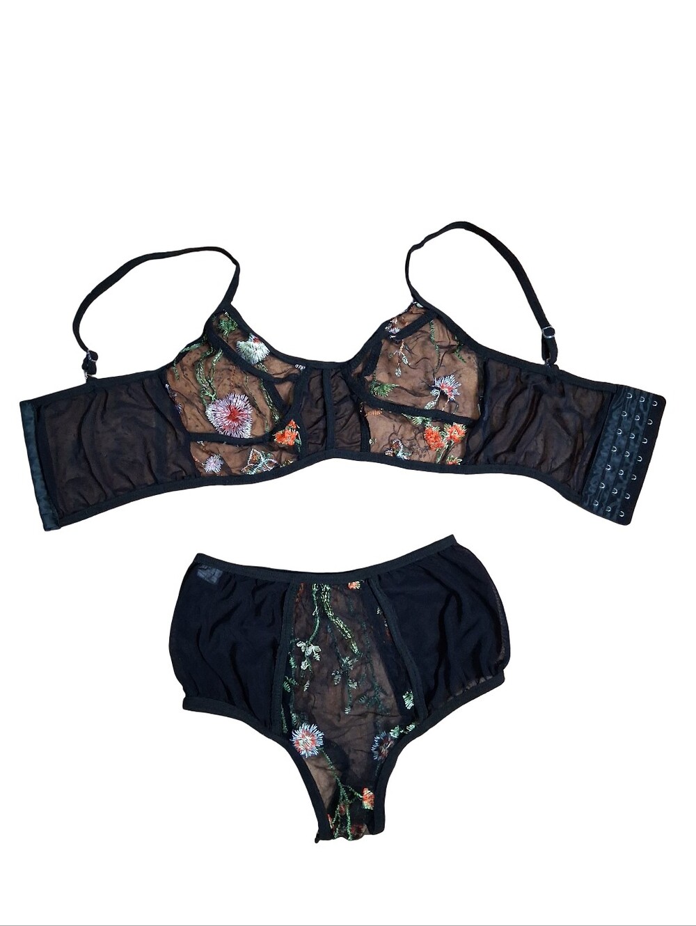 Clothes: Womens 2pc Bra & Panties Sheer Floral Set Black (Medium)